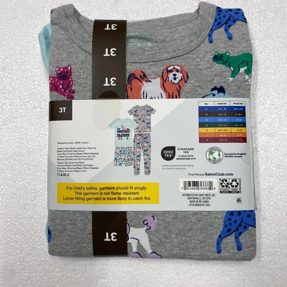 Members Mark 4-Piece Organic Cotton Pajamas‎ Set Kids 3T NWT